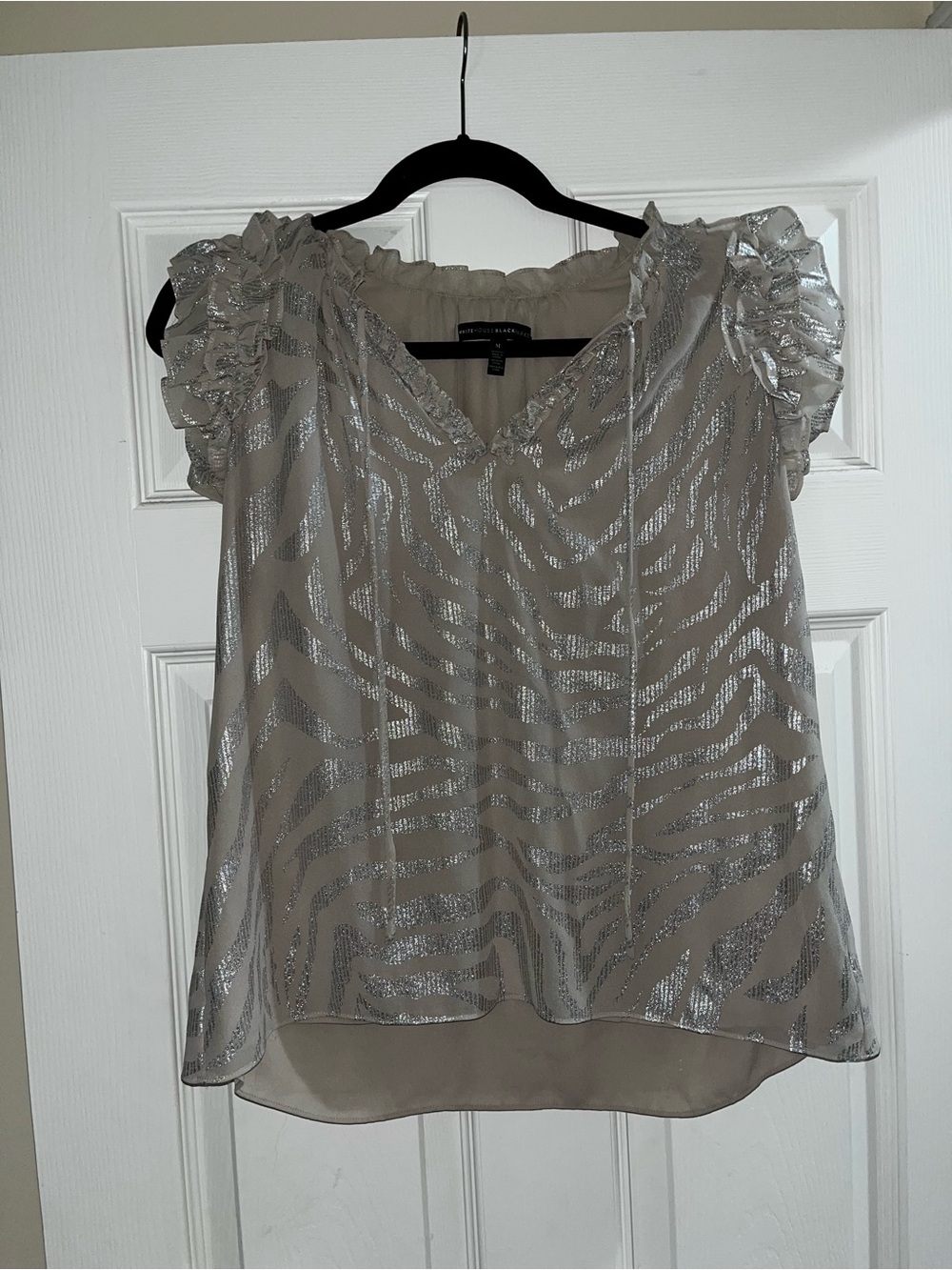 White House Black Market Metallic Taupe Ruffle Sleeve V-Neck Top - Picture 2 of 4